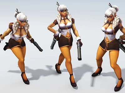 Stylish Game Female Character With White Hair Glasses Pistols And High Heels In Multiple Poses 3d model