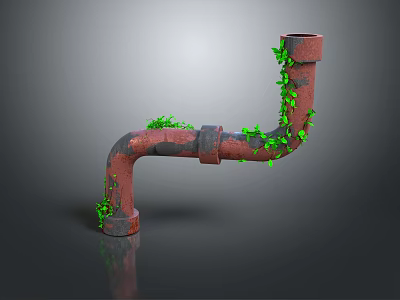 Rusty Metal Pipe With Green Ivy Growing On Curved Surface 3d model
