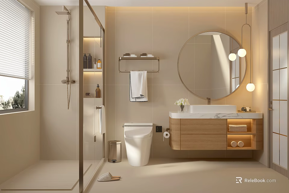 Modern Bathroom Interior With Glass Shower Wooden Vanity Round Mirror And Pendant Lights 3d model 
