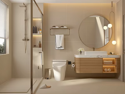Modern Bathroom Interior With Glass Shower Wooden Vanity Round Mirror And Pendant Lights 3d model