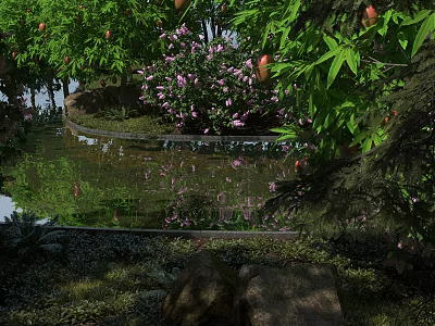 Tranquil Garden Landscape With Serene Pond Reflection Lush Greenery Pink Flowers And Rocks 3d model