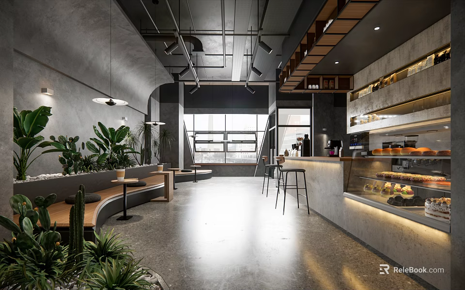 Modern Industrial Cafe Interior Design With Green Plants Bar Counter Benches And Large Windows 3d model 