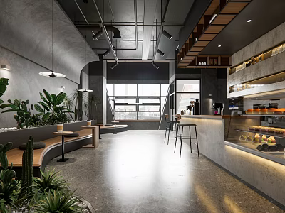 Modern Industrial Cafe Interior Design With Green Plants Bar Counter Benches And Large Windows 3d model
