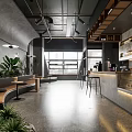 Modern Industrial Cafe Interior Design With Green Plants Bar Counter Benches And Large Windows