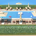 Scenic Backyard Pool Area With Green Hedge Umbrellas Loungers Palm Trees And Swan Decoration