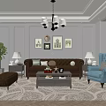 Elegant Modern Living Room Interior With Gray Walls Brass Chandelier Leather Sofa And Blue Armchair