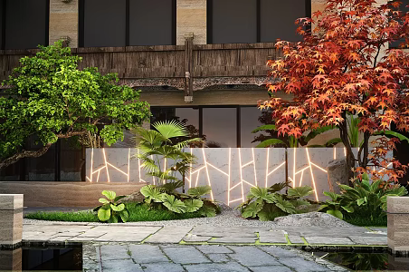Quiet Homestay Courtyard Landscape Home View Wall Maple Tree Stone Sick 3d model