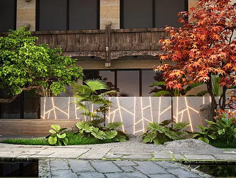 Quiet Homestay Courtyard Landscape Home View Wall Maple Tree Stone Sick 3d model