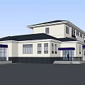Two Story Building Exterior With White Walls Black Roof Blue Awnings Front Steps And People
