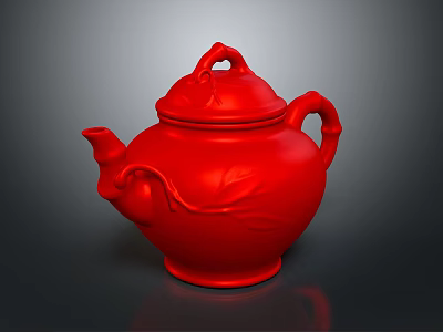 Classic Red Teapot With Exquisite Carved Patterns And Unique Handle Design Elements 3d model