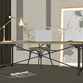 Modern Office Desk With Wooden Top Metal Frame Laptop Desk Lamp Green Plant And Chair