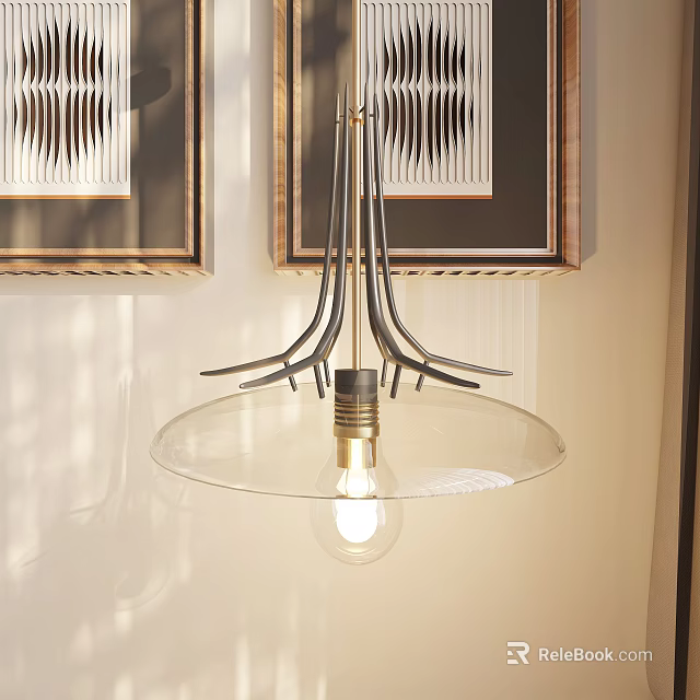 Modern Metal Curved Brackets Chandelier with Transparent Glass Shade and Decorative Wall Art 3d model 