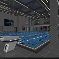 Indoor Swimming Pool Area Modern Interior Design With Ceiling Lights Lounge Chairs And Blue Water