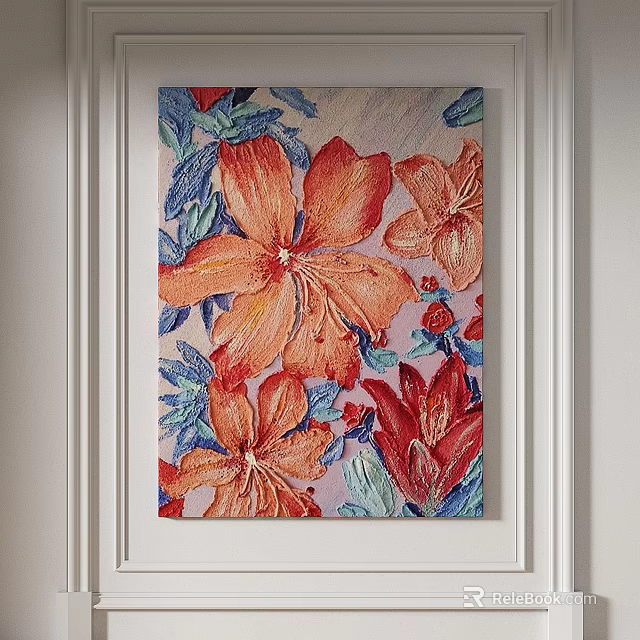 Vibrant Oil Painting With Red Orange Flowers And Green Leaves On Wall 3d model 