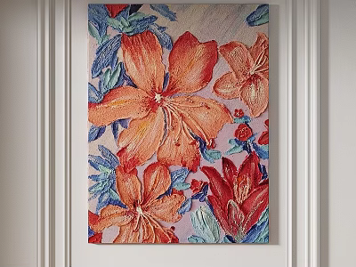 Vibrant Oil Painting With Red Orange Flowers And Green Leaves On Wall 3d model