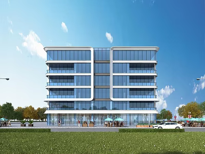 Modern Multi Storey Office Building With Glass Facade Balconies Green Lawn Trees People And Cars 3d model