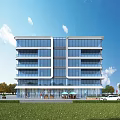 Modern Multi Storey Office Building With Glass Facade Balconies Green Lawn Trees People And Cars