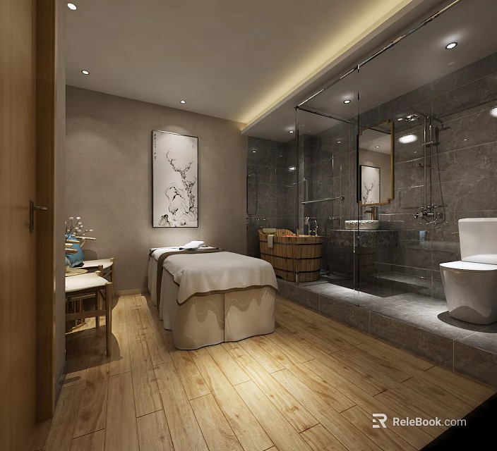 Modern SPA Sauna Interior With Massage Bed Wooden Barrel Shower Area And Decorative Painting 3d model 