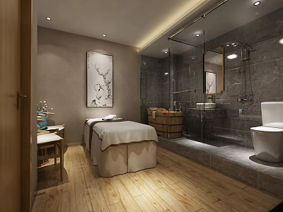 Modern SPA Sauna Interior With Massage Bed Wooden Barrel Shower Area And Decorative Painting 3d model