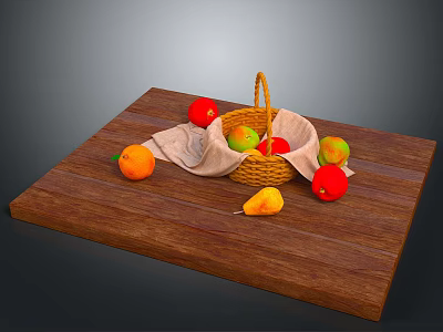 Fresh Fruits in Wicker Basket on Wooden Cutting Board with Scattered Oranges Apples and Pears 3d model