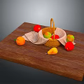Fresh Fruits in Wicker Basket on Wooden Cutting Board with Scattered Oranges Apples and Pears