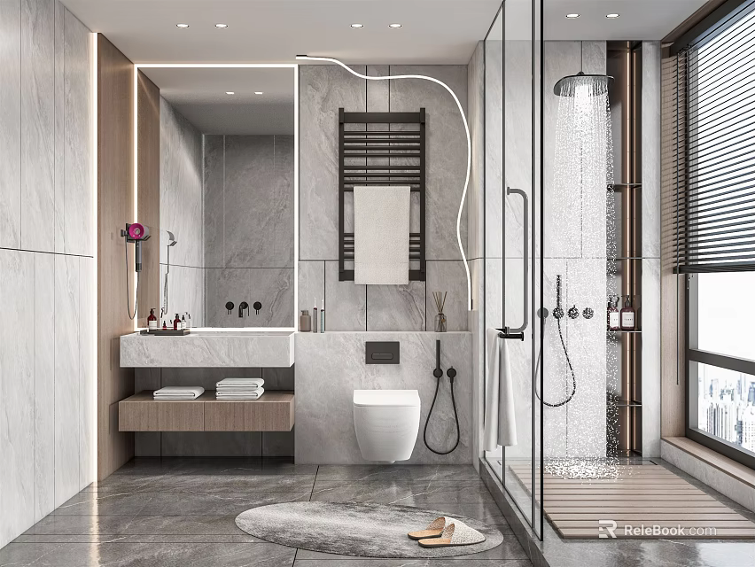 Modern Bathroom Interior With Marble Vanity Tiled Walls Shower Area And Storage Cabinets 3d model 