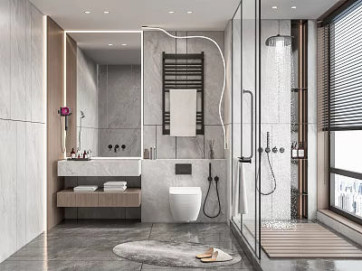 Modern Bathroom Interior With Marble Vanity Tiled Walls Shower Area And Storage Cabinets 3d model