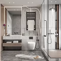 Modern Bathroom Interior With Marble Vanity Tiled Walls Shower Area And Storage Cabinets