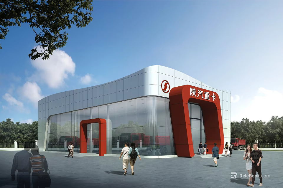 Shaanxi Heavy Duty Truck Modern Building With Glass Facade Red Structural Elements And People Around 3d model 