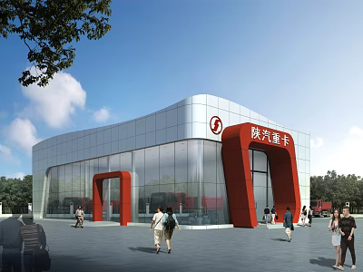Shaanxi Heavy Duty Truck Modern Building With Glass Facade Red Structural Elements And People Around 3d model