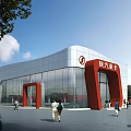Shaanxi Heavy Duty Truck Modern Building With Glass Facade Red Structural Elements And People Around