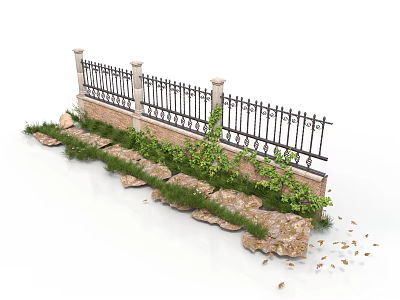 Modern Fence Design With Iron Railings Stone Pillars And Green Plants 3d model