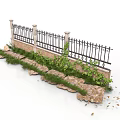 Modern Fence Design With Iron Railings Stone Pillars And Green Plants
