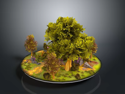 Miniature Landscape Scene With Large Green Tree Small Trees Grass Stones And Glowing Lights 3d model
