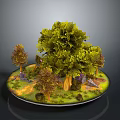 Miniature Landscape Scene With Large Green Tree Small Trees Grass Stones And Glowing Lights