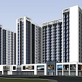 Modern High Rise Building Complex Exterior With Square Layout Roads And Green Areas