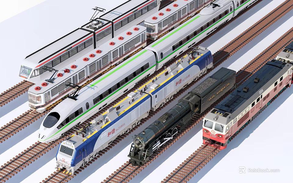 Various Types Of Trains Including Modern High Speed And Vintage Steam Locomotives On Rails 3d model 