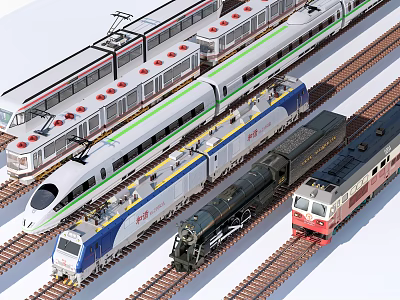 Various Types Of Trains Including Modern High Speed And Vintage Steam Locomotives On Rails 3d model