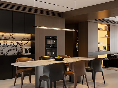 Modern Restaurant Interior With Open Kitchen Black Cabinets Marble Dining Table And Pendant Light 3d model