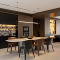 Modern Restaurant Interior With Open Kitchen Black Cabinets Marble Dining Table And Pendant Light