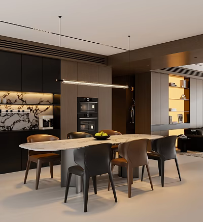 Modern Restaurant Interior With Open Kitchen Black Cabinets Marble Dining Table And Pendant Light 3d model