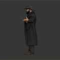 Man Wearing Black Hat Long Coat And Brown Pants With Arms Outstretched On Grey Background
