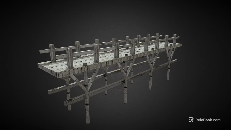 Wooden Bridge Scenic Component With Railings And Support Beams Structure 3d model 