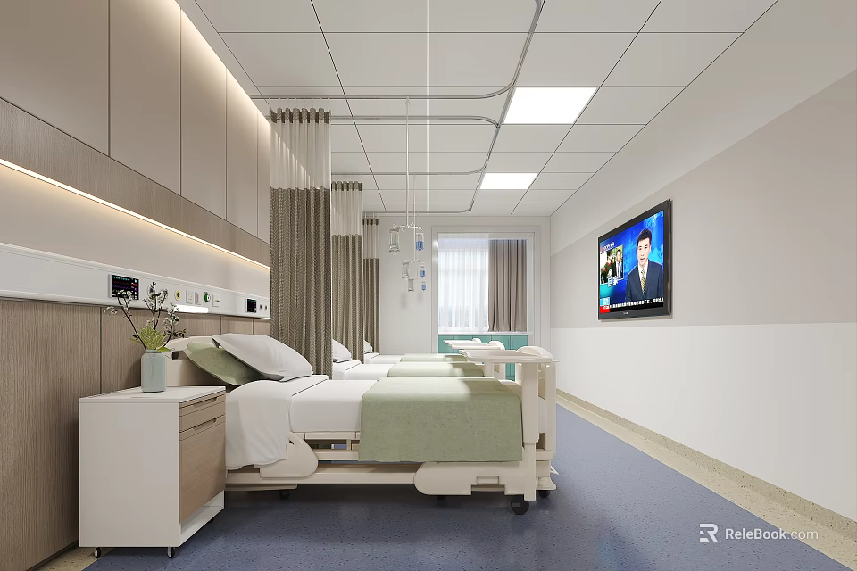 Modern Hospital Ward Interior With Medical Beds Equipment TV And Window Curtains 3d model 