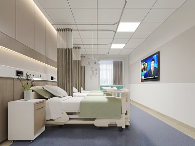 Modern Hospital Ward Interior With Medical Beds Equipment TV And Window Curtains 3d model