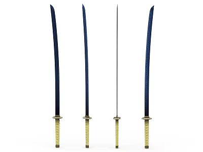 Four Samurai Swords With Dark Blue Scabbards Gold Wrapped Handles And One Unsheathed Blade Center 3d model