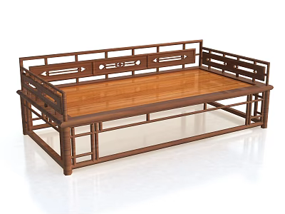 Traditional Chinese Solid Wood Luohan Bed With Elegant Hollow Carved Rails For Home Furniture 3d model
