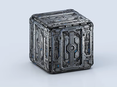 Futuristic Mechanical Box With Intricate Metal Patterns And Blue Accent Lights 3d model