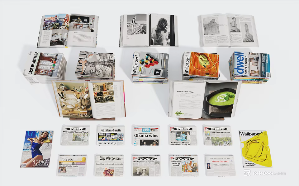 Open Books And Magazines Featuring Various Covers Content Pages Images And Text 3d model 