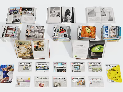 Open Books And Magazines Featuring Various Covers Content Pages Images And Text 3d model